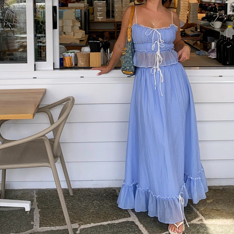 Chloe | Two-Piece Summer Set - Strappy Bow Crop Top & Ruched Skirt Beach Outfit
