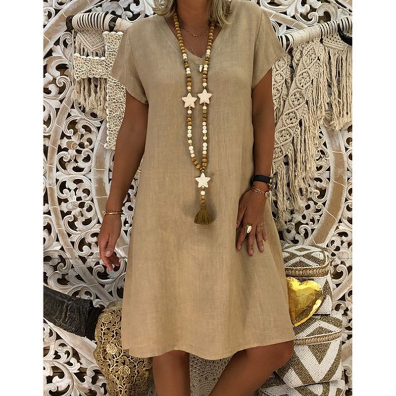 Clara | Linen V-Neck Midi Dress - Short Sleeve Casual Summer A-Line Sundress