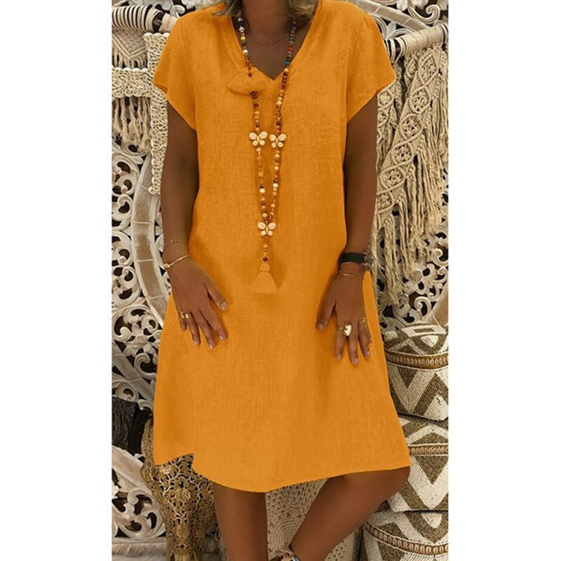 Clara | Linen V-Neck Midi Dress - Short Sleeve Casual Summer A-Line Sundress
