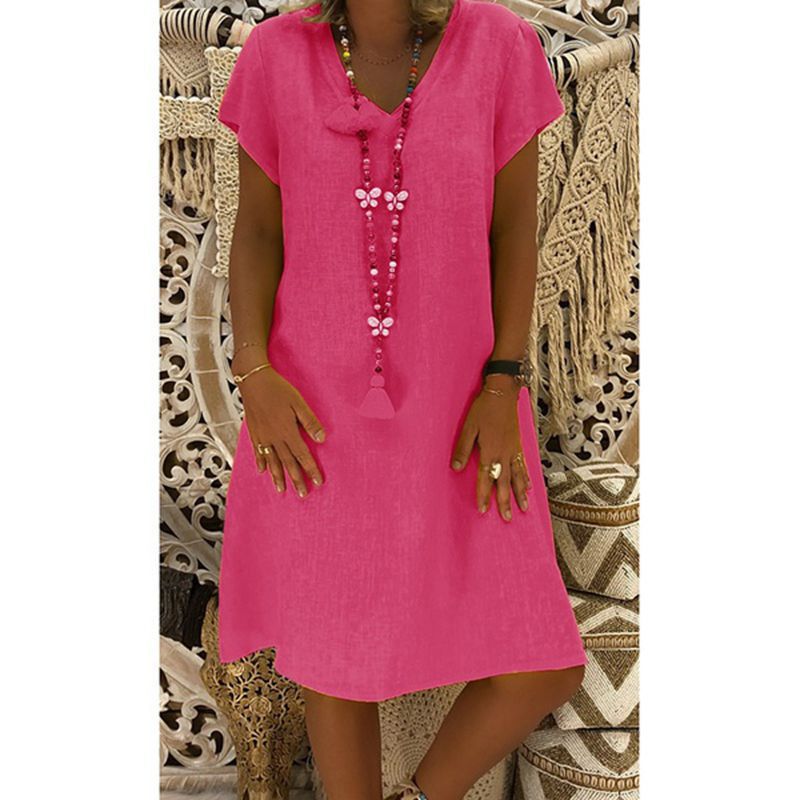 Clara | Linen V-Neck Midi Dress - Short Sleeve Casual Summer A-Line Sundress