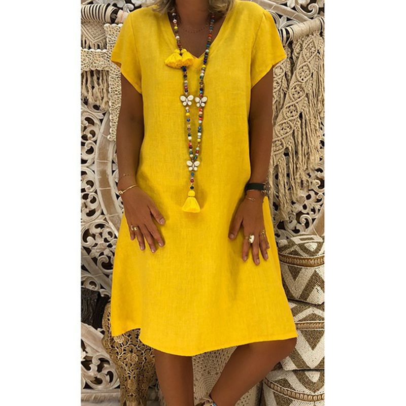 Clara | Linen V-Neck Midi Dress - Short Sleeve Casual Summer A-Line Sundress