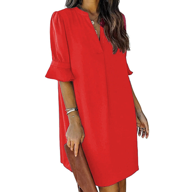 Nora | V-Neck Shirt Dress - Elegant Half Sleeve Summer Mini Dress for Women